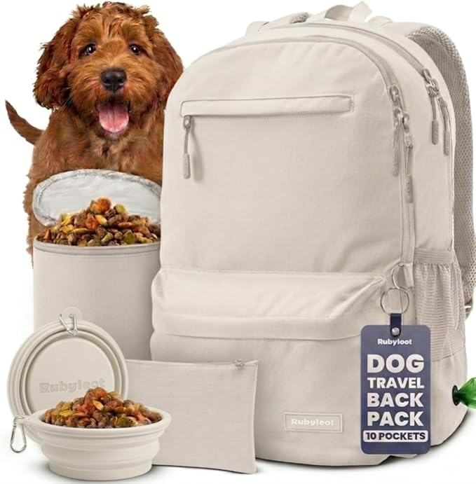Dog Travel Backpack for Supplies - Dog Diaper Bag with Travel Bowls | 2 BPA-Free Bowls; Food Container & Treat Pouch; Placemat; Laptop Sleeve; Poop Bag Dispenser, Hiking, Camping & Road Trips,