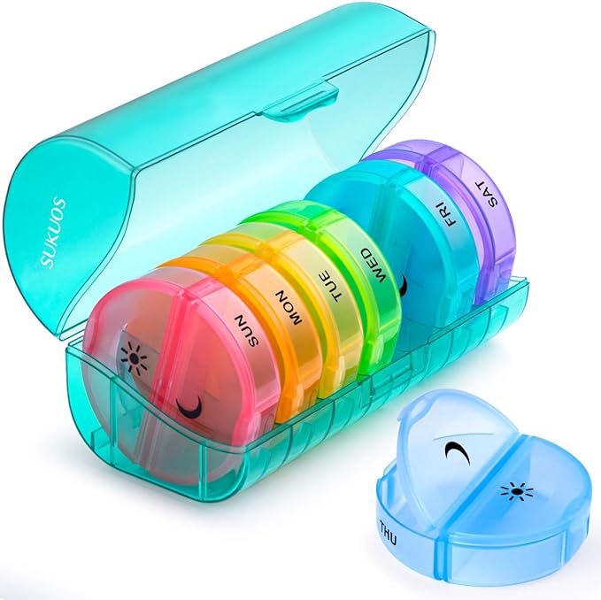 Sukuos Large Weekly Pill Organizer 2 Times a Day, Daily Pill Box 7 Day Easy to Open with Double Protection, AM PM Pill Case for Medicine/Vitamin/Fish Oil/Supplements (Cyan)