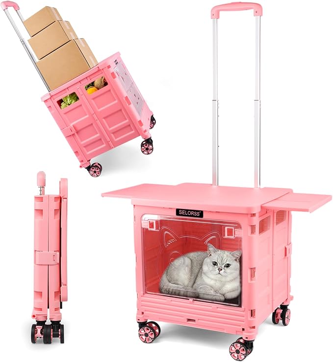 Pet Stroller, Dog & Cat Stroller for All-Season, Lightweight Foldable Carrier with 360° Front Wheels, Adjustable Handle, Breathable Hole Basket for Home Outdoor Travel Shopping (Pink)