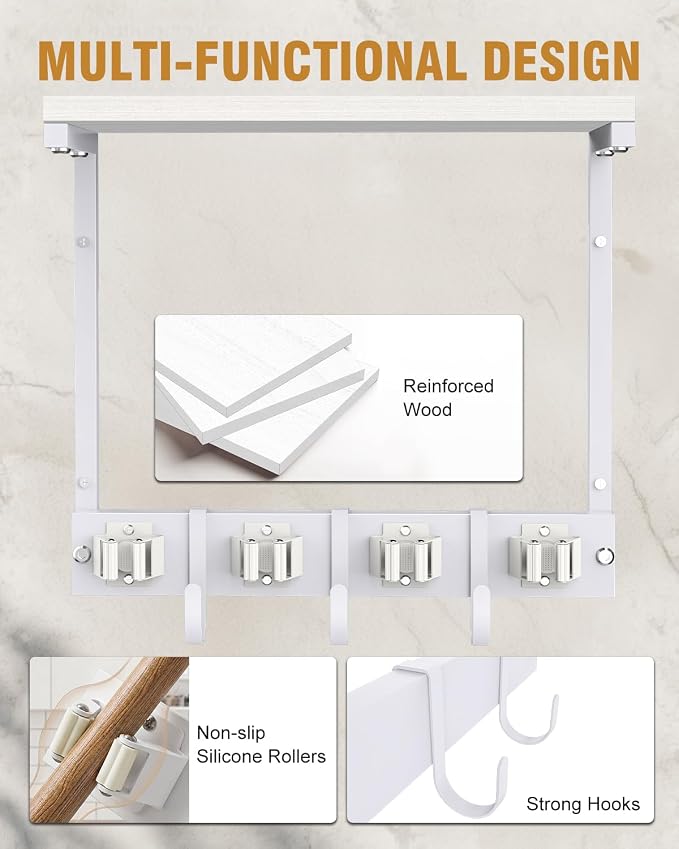 Supforce Small Broom Holder Wall Mount with Shelf, 4 Slots 3 Hooks | White, 2-In-1 Wall Mount Stores Brooms/Mops, Cleaning Supplies With 4 Grippers/3 Hooks And A Sturdy Wooden Top Shelf