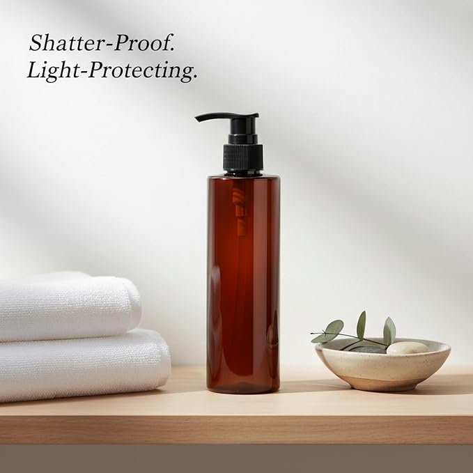 Amber PET Lotion Pump Bottle, Refillable Dispenser for Travel & Bathroom Storage, Black Finish