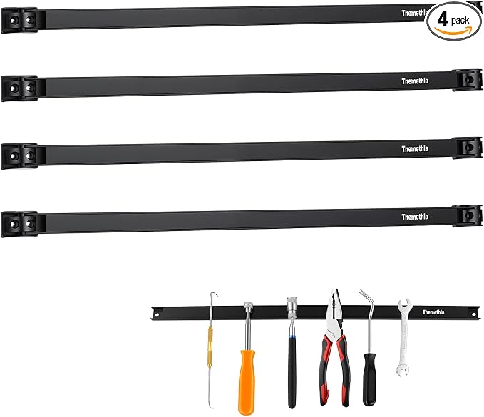 24" Magnetic Tool Holder Strip, 4 Pieces Black Metal Tool Organizer Rack with Stainless Steel Surface, Magnet Bar for Garage Workshop, Easy To Install with Mounting Screws