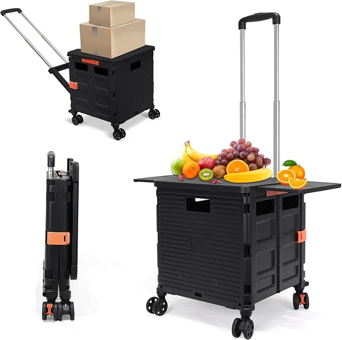 Foldable Utility Cart Rolling Crate Handcart Shopping Cart with Rotate Wheels Extended Magnetic Lid Telescoping Handle Adjustable Angle for Transports Groceries Office Teacher File(Black)