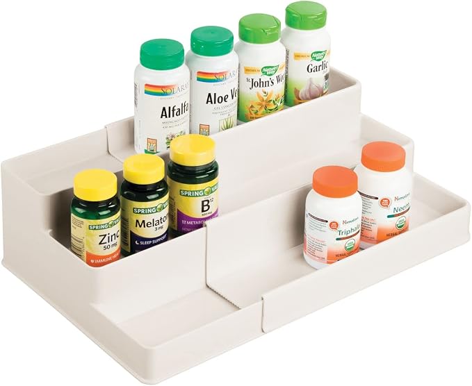 mDesign Plastic Expandable 3-Tier Shelf Rack Organizer - Storage for Bathroom Vanity, Cabinet, Cupboard, Drawer - Holds Medicine, Vitamins, Supplements, Cosmetics - Ligne Collection - Cream/Beige