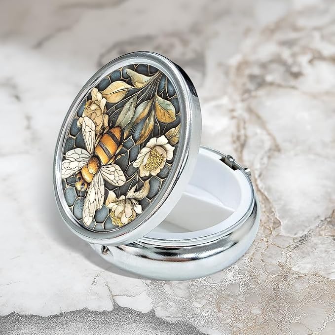 Portable Round 3 Compartment Metal Pill Box Beautiful Detailed Aluminum Wall Sign with Gorgeous Bee and Honeycomb Design for Home Office or Gift Use