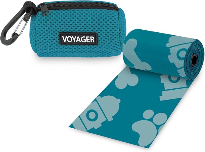 Best Pet Supplies Dog Poop Bag Holder Leash Attachment with Reusable Dispenser for Travel, Walking, Park, and Outdoor Use, Durable with Clip-On - Turquoise, Mesh Dispenser w/15 Bags