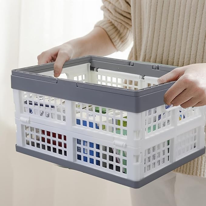 Teyyvn 2-Pack Collapsible Crate with Handle, Grocery Shopping Baskets | Collapsible Stackable Grocery Crates with Handles, lightweight for supermarket shopping, car storage, garage organization