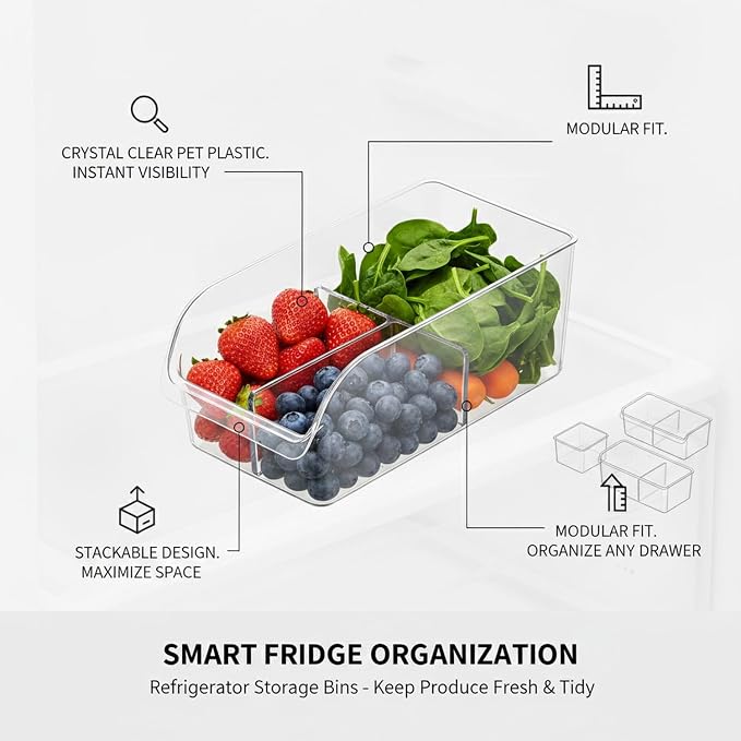 Clear PET Refrigerator Storage Bins - Stackable Produce Organizer for Fridge Drawers & Shelves, Durable Food Container (1 Pack)