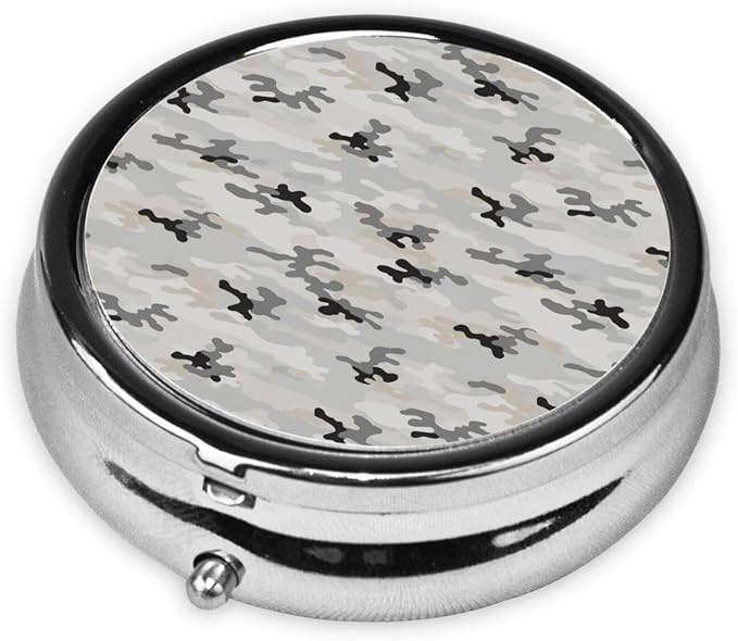 Pocket Pill Box, Army Camouflage 3D Print Compact Round Dispenser, Travel Organizer for Supplements, Waterproof Case Purse Carry for Hiking