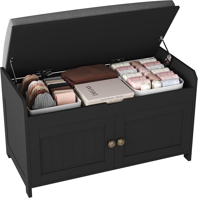 HOMEFORT 30" Shoe Bench with Lift Top Storage, Entryway Bench with Cushioned Seat, Wooden End of Bed Bench, Shoe Cabinet Bench with Hidden Storage Space, for Bedroom, Hallway,Black