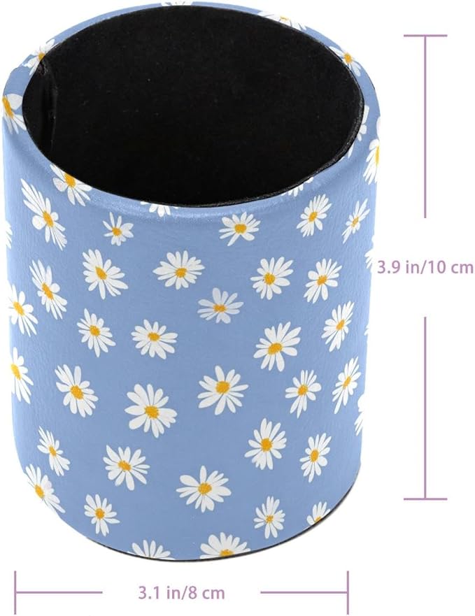 Faux Leather Pen Holder for Desk, Pencil Organizer Purple Daisy Pen Cup Desk Decor Makeup Brush Holder Storage for Office Home