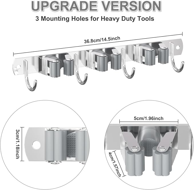 HANZENMA Broom Holder Wall Mount, Broom Organizer Wall Mount Stainless Steel Broom and Mop Hanger Heavy Duty Storage Organization for Home Kitchen Garden Garage Room 3 Racks 4 Hooks Grey