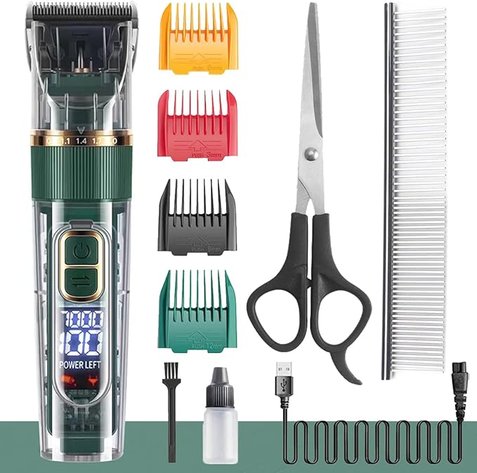 Dog Hair Clippers,Dog Grooming Clippers Kit with Led Display,Pet Clippers Grooming for Dogs Thick Coats,Low Noise Heavy Duty Pet Hair Shaver Trimmers (Green)