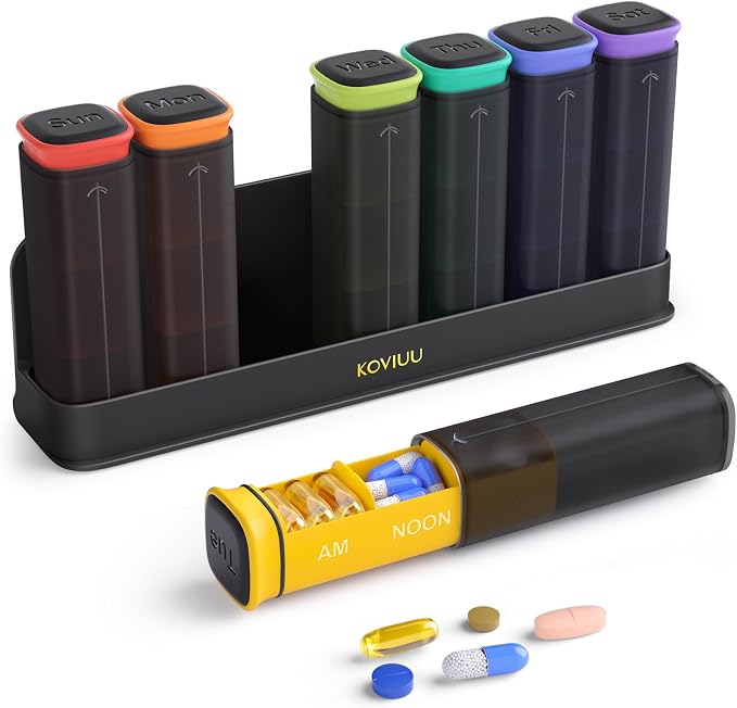 KOVIUU Weekly Pill Organizer 3X a Day, Large Daily 7-Day Pill Box, Black | Detachable Pill Case with 3 Compartments | Travel Pill Container Holder for Vitamins, Supplements, Medications | BPA-Free
