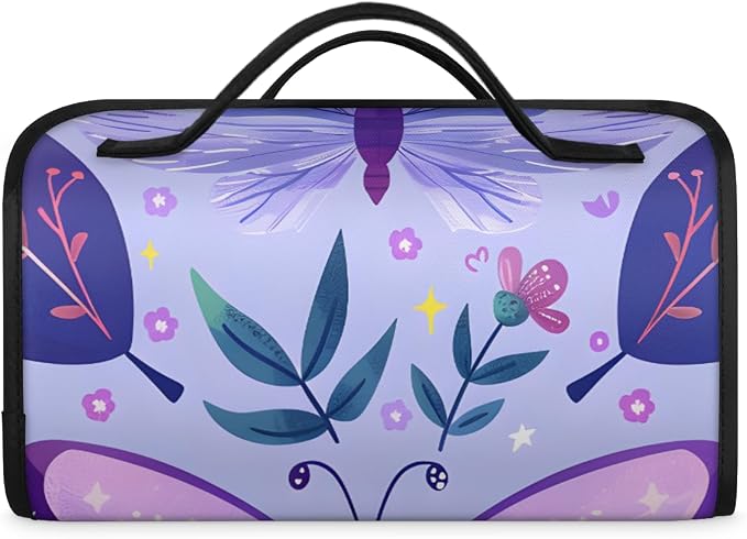 Purple Butterfly Makeup Bag for Women Hanging Roll-Up Travel Organizer Toiletry Kit with 4 Removable Compartments, Butterflies Rustic Floral