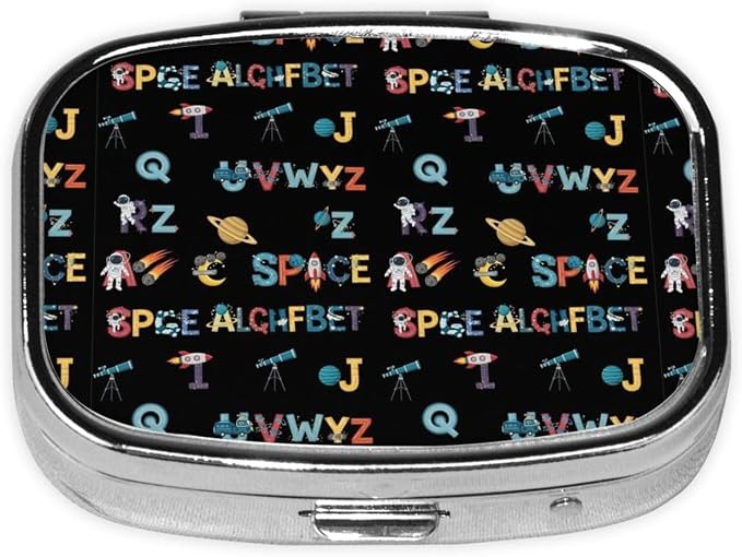AM/PM Pill Organizer Small Travel Case Medication Reminder Supplement Box Nurse, Space Solar System Galaxy Science Rocket Planet Astronaut English Alphabet