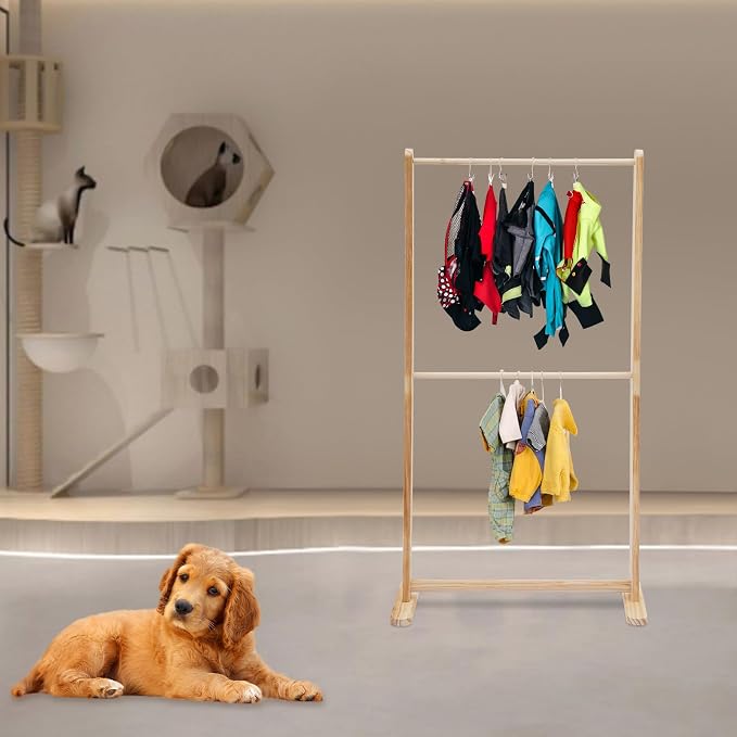 2-Tier Solid Wood Pet Clothing Display Stand, 43.3" Height Natural Log Color Garment Rack for Small Dog Cat Clothes, Adjustable Rod for Towels, Boutique Store & Home Storage Organizer