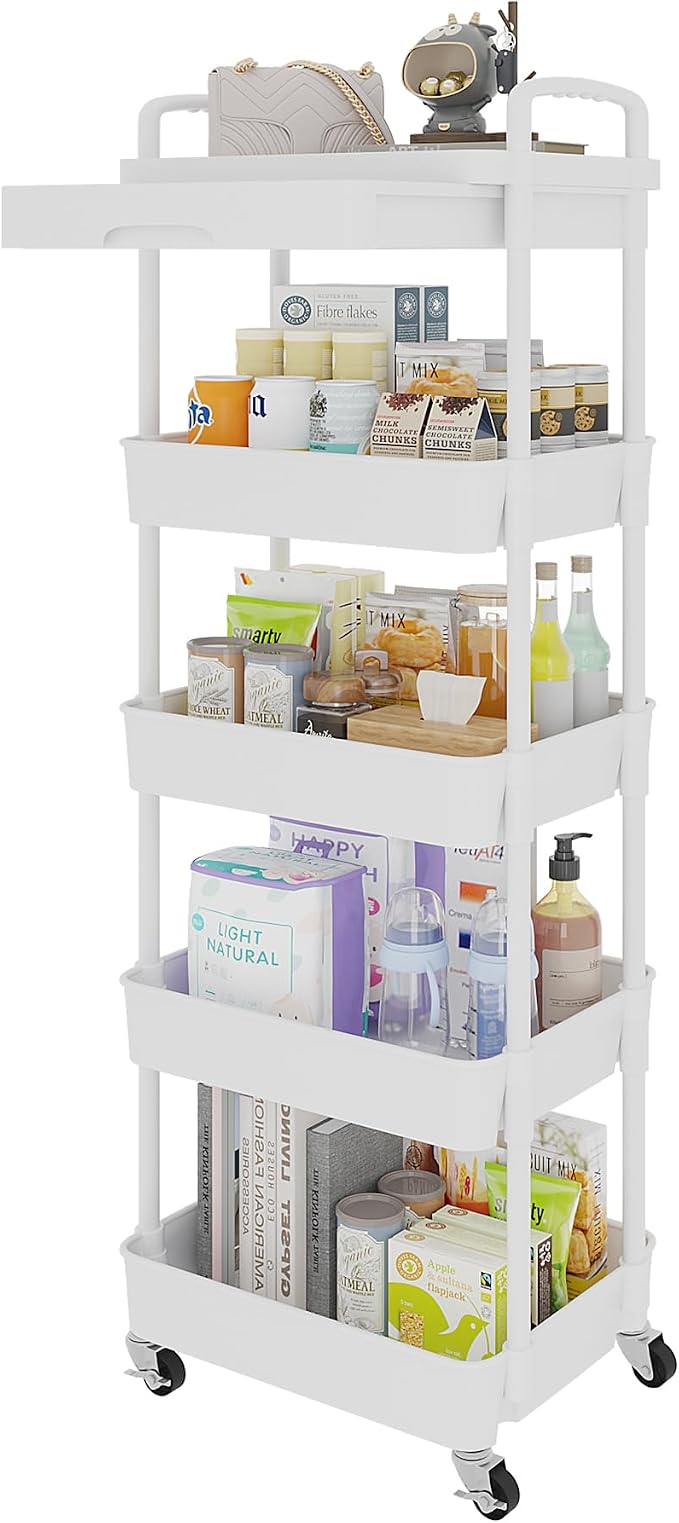 Calmootey 5-Tier Utility Cart with Drawer & Wheels, Storage for Home,Office | Space-Saving Organizer, Sturdy Plastic Shelves, Smooth-Rolling Metal Wheels, Built-in Drawer for Small Items, White