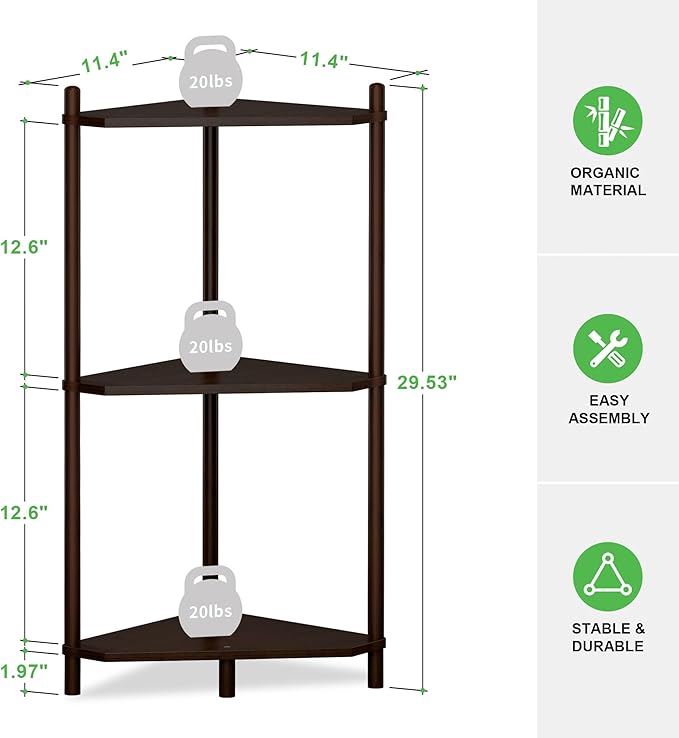 Wisuce Brown Small Corner Shelf Stand, 3-Tier Bamboo Corner Bookshelf | Space-Saving Narrow Corner Shelf | Bathroom Corner Shelf | Shelves for Bedroom, Living Room, Kitchen & Plant Display