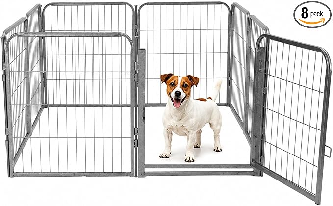 Indoor Dog Playpen - 24 inch, 8 Panels for Small and Puppy Size Dogs - Play Pen w/Extra Wide Gate - Heavy Duty Metal Portable Pet Fence with Grey Anti-Rust Coating