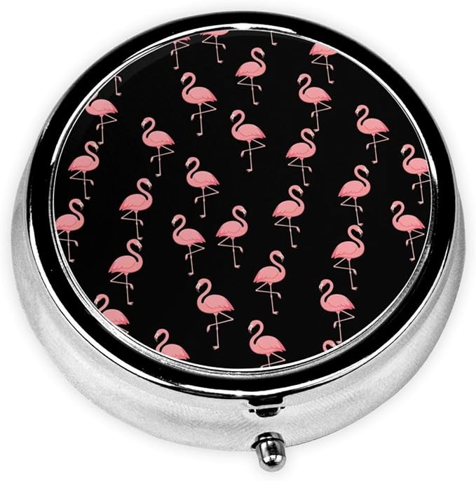 Purse Pill Organizer, Round Portable Case, Waterproof Holder for Vitamins, Mini Travel Box for Urban Commuters, Flamingo Black