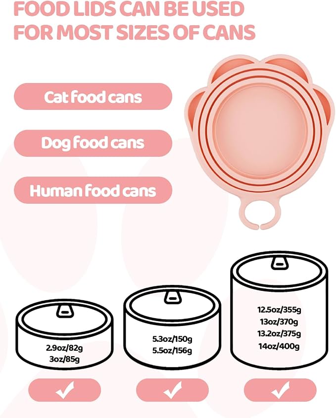 5 PCS Cat Food Can Covers Lids Set, Silicone Pet Food Can Lids with Multi-Function Cat Food Spoon and Opener, Cat Bar Squeezer, Stainless Steel Wet Food Spoon for Cats and Dogs (Pink) (Flower Pattern)