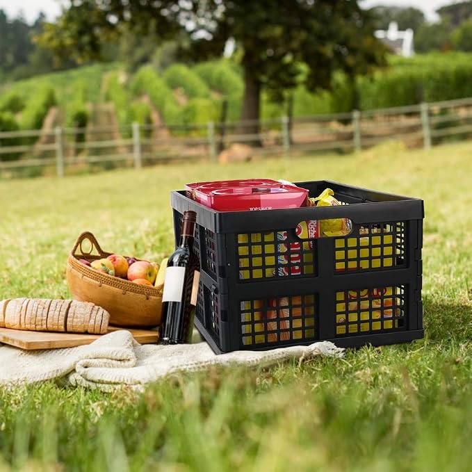 Morcte 34 L Plastic Rectangular Collapsible Crates, Pack for 3, Black | Folding Crates Storage, Space Saving, Stackable, Sturdy Build, Ideal For Groceries, Tools & Household Items