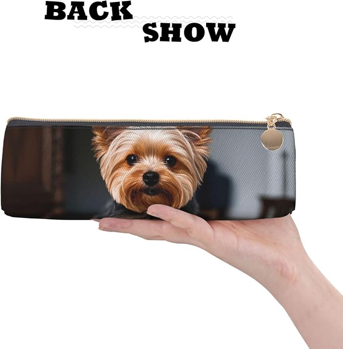 Leather Pen Case with Zipper - Aesthetic Pen Holder Cute Pet Yorkie Pencil Case for Women & Men - Handcrafted Pencil Bag Multi-Functional Travel Cosmetic Case for Work Office Tool Pouch