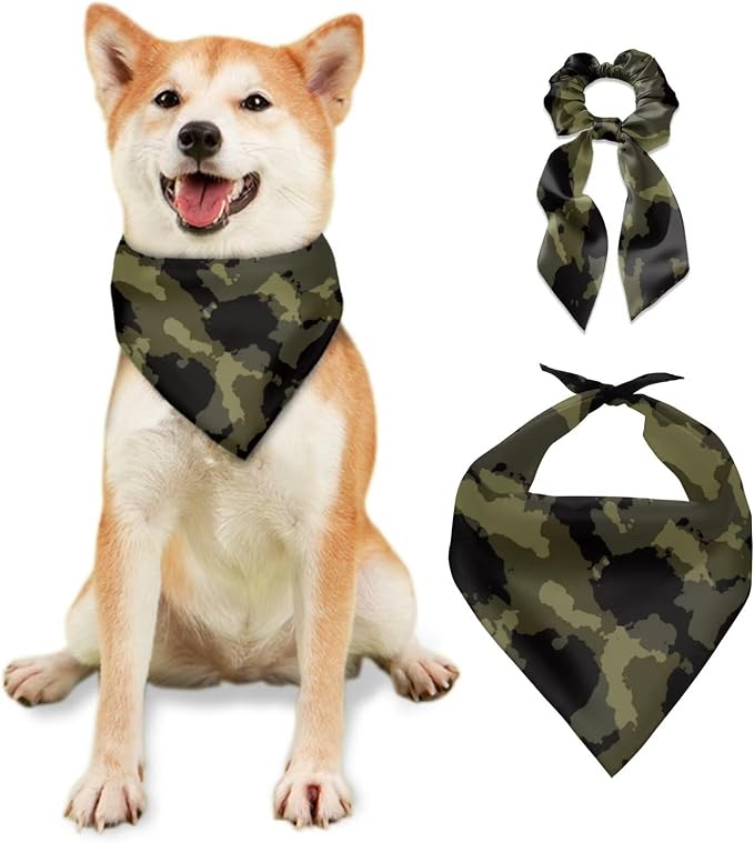 COEQINE Green Camo Valentines Dog Bandanas Brothers with Hair Tie Bow Cool Adult Waiter Costume with Pet Costume Christmas Party Cosplay 2 Pcs Winter Clothing for Women Dog Outfit