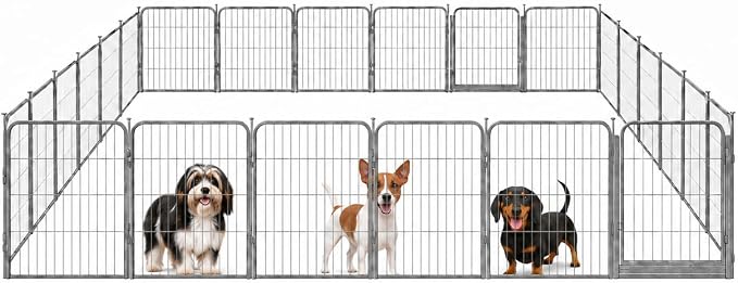 Dog Play Pen for Indoor Use - 24'', 24 Panels for Small and Puppy Size Dogs - Portable Grey PlayPen Kennel for House or Garage - Metal Heavy Duty Pet Fence with Anti-Slip Feet