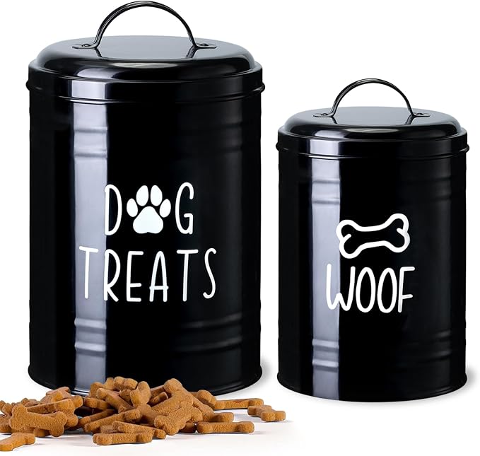 Dog Treat Container Airtight, Dog Treat Jar Set of 2 with Lid - 9x5.5''&7x4'' Metal Dog Cookie Jar for Farmhouse Kitchen Counter, Black Treat Jars for Pets, Treat Storage Container for Dogs, Cats | Large Capacity Dog Treat Jar Suitable All Popular Trea...