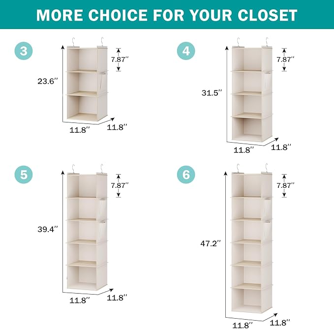 YOUDENOVA Hanging Closet Organizer and Storage for Clothes, 4-Shelf, Beige | Locker/RV/Camper Organizer, Side Pocket, Hanging Shelves for Small Closet, Dorm Room Essentials for Guys, Breathable Fabric