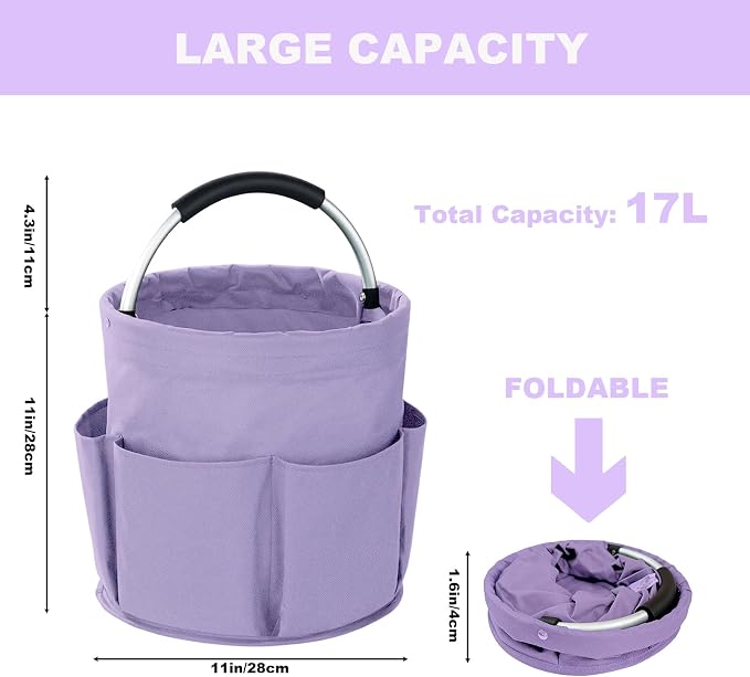 Cleaning Caddy with Handle, 17L Foldable Cleaning Supplies Organizer, Portable Storage Basket, Cleaning Supply Caddy, Multifunctional Cleaning Bucket Bag for Garden, Home, Kitchen (Purple)