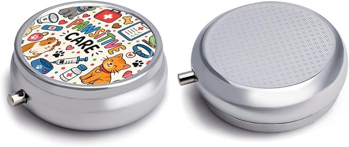 Pawsitive Care and Pet Love Round Pill Box with 3 Compartments, Portable Travel Pill Organizer with Spring Snap Closure for Vitamins Supplements Fish Oil