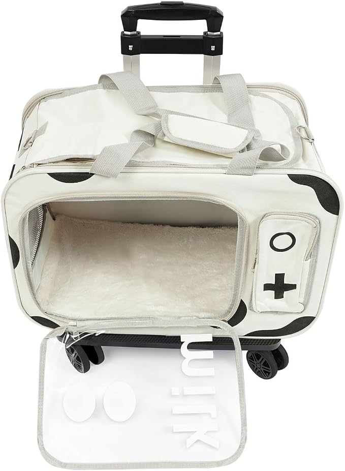 Pet Trolley Bag with Wheels & Retractable Handle, Cow Print Pet Carrier for Cats Small Dogs, Foldable Travel Carrier with Ventilation Windows, 22 Lb Capacity, Airline Approved Pet Bag