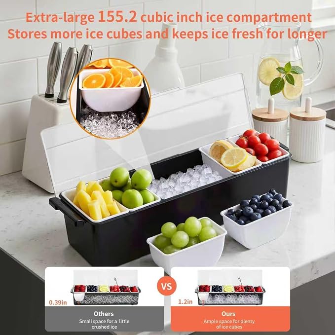 Chilled Condiment Server, 6 Compartment Ice Cooled Condiment Serving Container, Chilled Garnish Tray Bar Caddy with Lid, for Bartending & Serving Taco, Salad, Fruit, Home & Restaurant Supplies