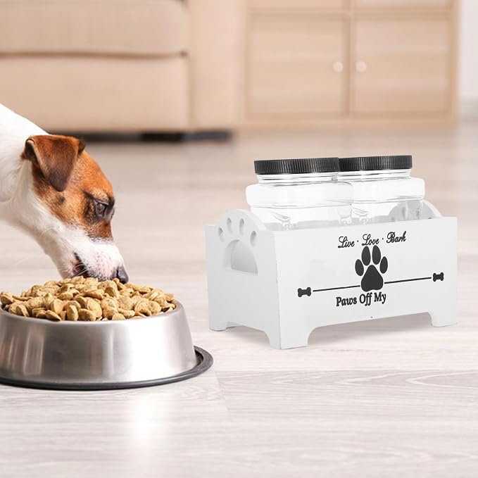 GANAZONO Wooden Dog Food Storage Box with 2 Airtight Canisters Pet Treat Organizer Stand Home Snack Crate for Dogs Sturdy Sealed Food Container for Kitchen Use