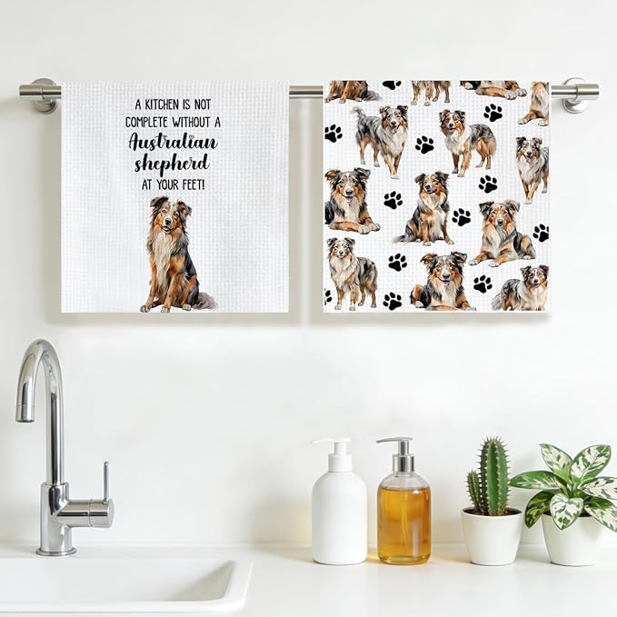Australian Shepherd Waffle Weave Kitchen Towels, Quick Dry Multipurpose Hand Towels for Bathroom, Absorbent Reusable Cloth Tea Dish Towels for Home Decor, Dog Lover Gift Towel Set of 2
