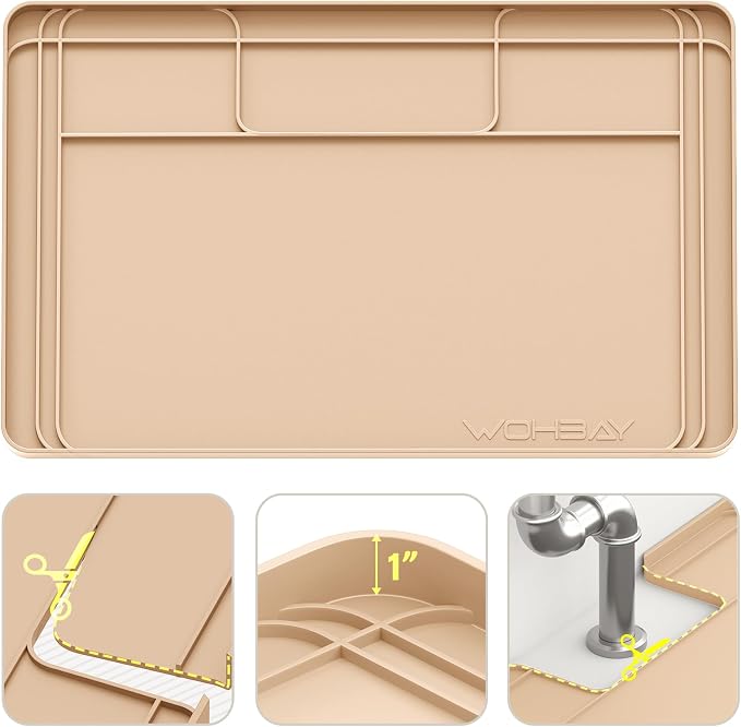 Under Sink Mats for Kitchen Waterproof 34"x22",Khaki | Cut to Fit Design for Various Sizes, Leak-Proof Cabinet Protection,Durable Silicone Material,Versatile Home Use