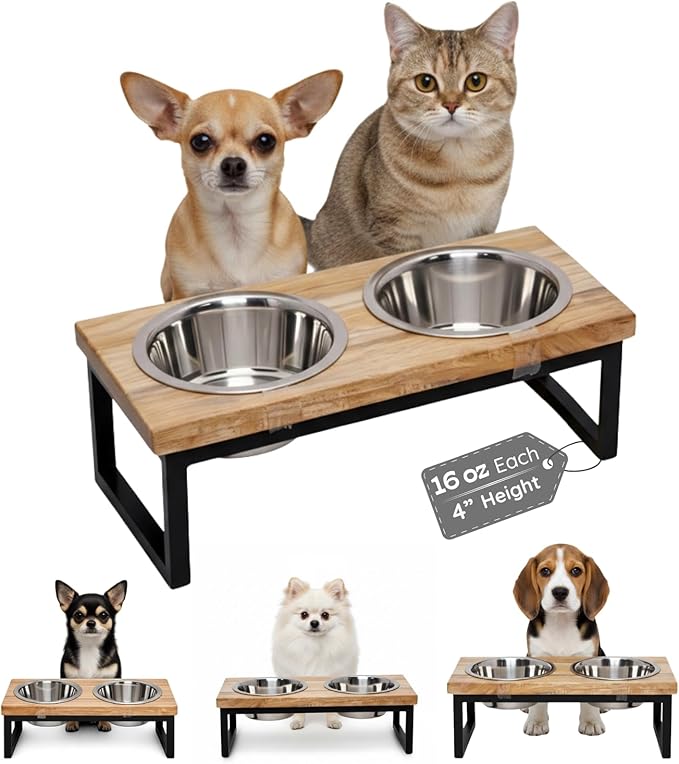 Elevated Dog Bowls, 4” Small Dogs & Cats Raised Bowl Mango Wood Stand, Food & Water 2 Stainless Steel Dishes Each 16oz/2Cup Capacity, Non-Slip Pet Feeder Station in Brown for Toy Breeds