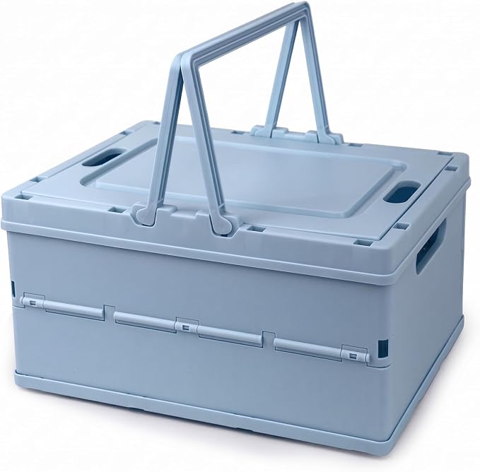 Collapsible Storage Crate, Foldable Plastic Basket with Lid and Handle, Foldable Storage Box Crate Bin for Home Kitchen Office Bathroom Bedroom Pantry (Blue)