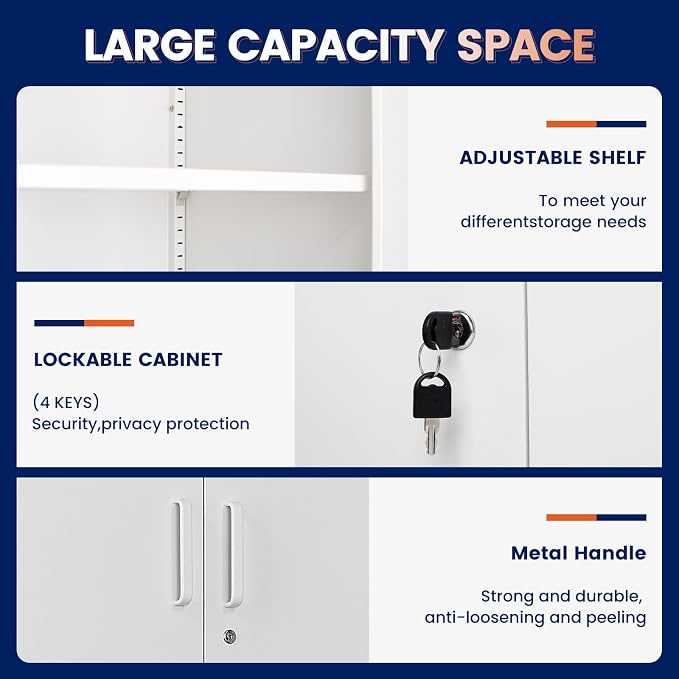 Metal Storage Locking Cabinet with 4 Doors and 2 Adjustable Shelves,71" Lockable Garage Tall Steel Cabinet,for Home Office,Living Room,Pantry,Gym,Commercial Storage (White)