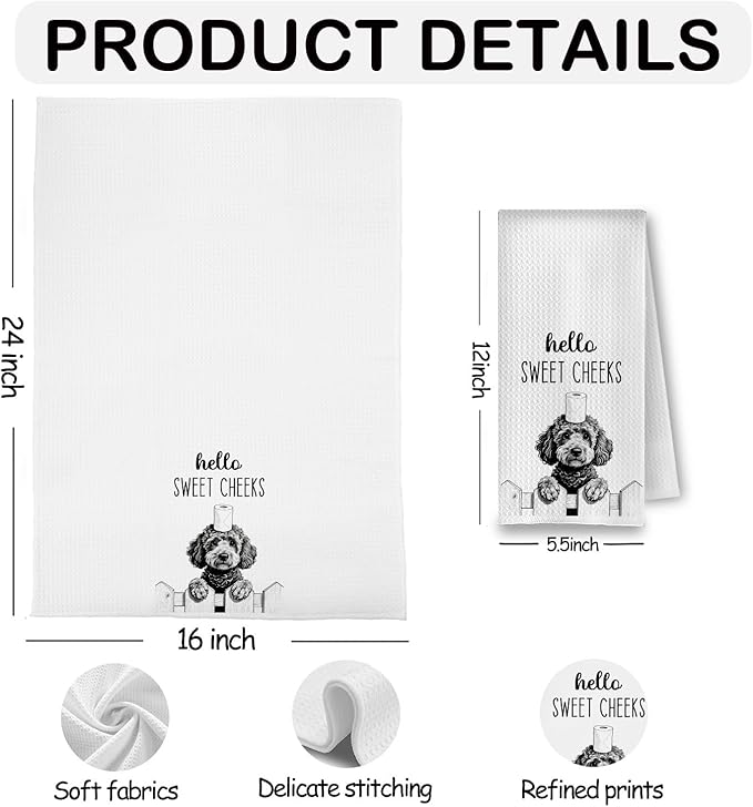 Farmhouse Funny Poodle Dog Hand Towels, Hello Sweet Cheeks Bathroom Decor, Gifts for Poodle Lovers Decorative Hand Towels for Bathroom Washroom Restroom, 16x24 Inch