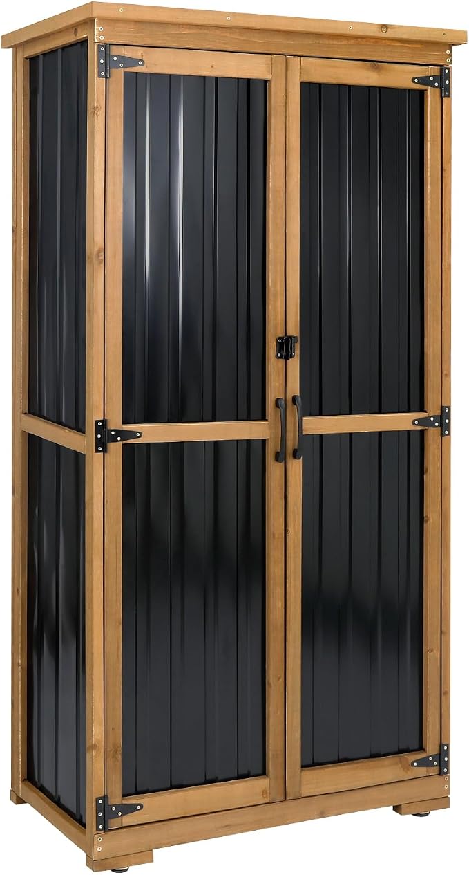 Ketive Outdoor Storage Cabinet, Tall Tool Garden Cabinet with Weather-Resistant Roof, Double Lockable Doors, 3 Removable Shelves & Adjustable Feet, for Patio, Garden, Backyard, 32" x 15.5" x 66"