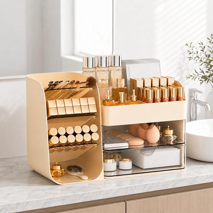 Cute Makeup Organizer Countertop for Vanity Bathroom Organizer, Cream | Beauty Organizers and Storage with Brush Holder and Drawer, Make up Organizer for Perfume Lotions Psticks, Eyeshadow Palettes
