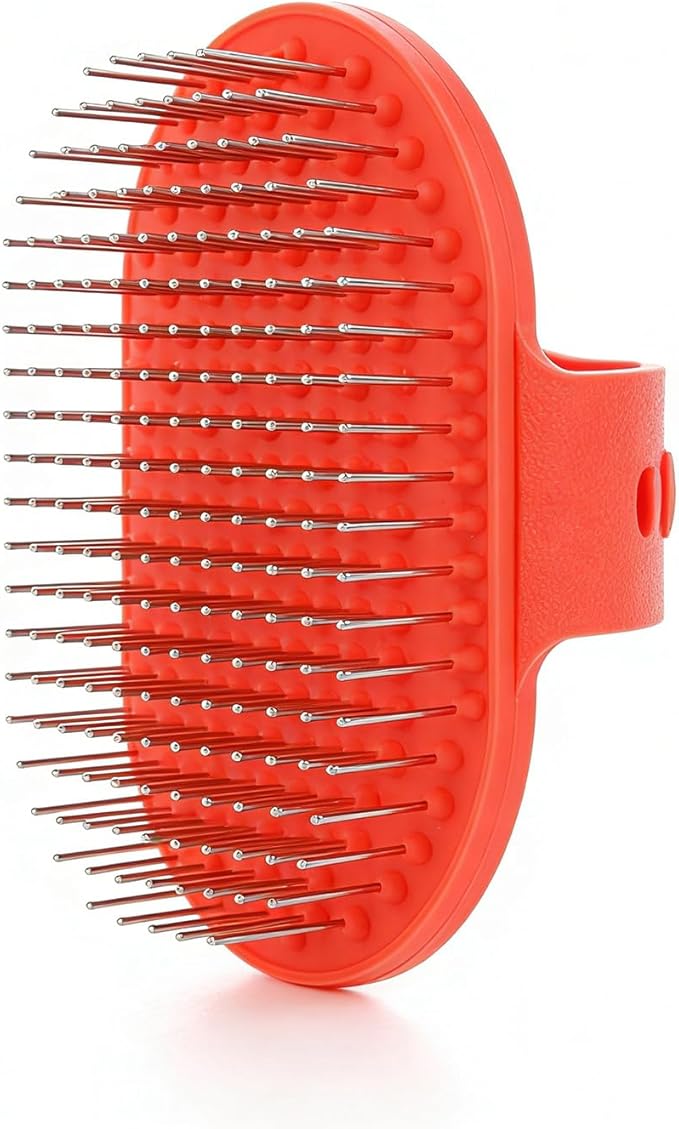 Pet Rubber Grooming Brush Bath Brush Massager with Adjustable Loop Handle Stainless Steel Pin, Random Color