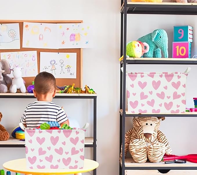 NTAOHAMPER 24L Children's Day Father Gifts Pink Heart Fabric Storage Basket Empty with Handles, Books Box, Lovely Storage (Pink Heart)