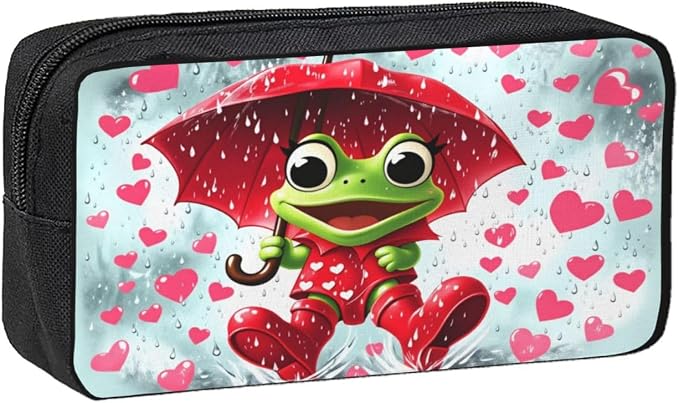 Frog playing in the rain Large Pencil Case, Durable Pen Bag Zipper Organizer Pouch for Office Travel for Women Men