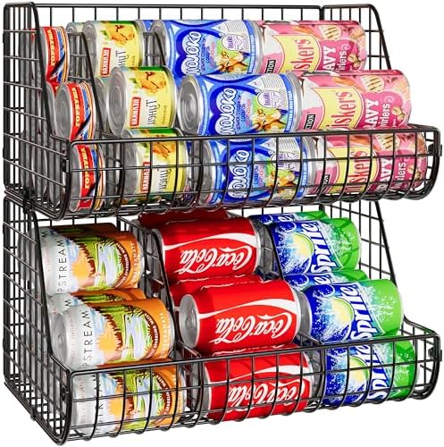2-Tier Stackable Can Organizer for Pantry Shelves, 2 Pack Soda Can Organizer with 4 Adjustable Dividers, Kitchen Can Storage Organizer, Wire Drink Organizer, Metal Can Dispenser for Cabinets Shelf