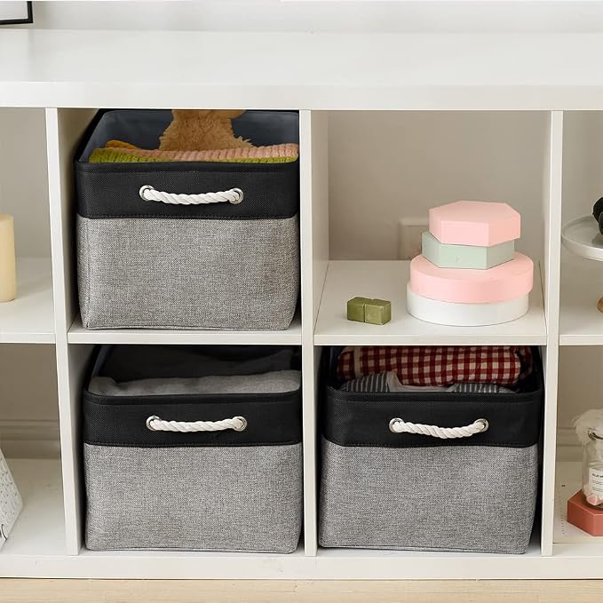 Organization and Storage Basket for Organizing - 17x14x10 inch Large 3 Pack Collapsible Storage Bin for Shelves, Fabric Basket for Gifts Empty Organizer Gift Closet (Black & Grey)